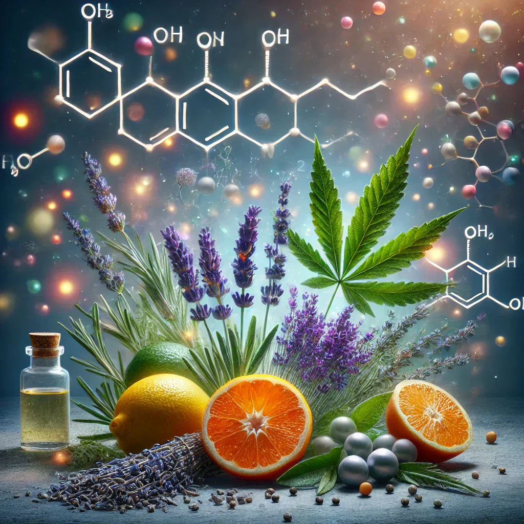 A visually engaging composition of natural terpene sources, including lavender, citrus fruits, rosemary, and a cannabis leaf, representing the science and aromatherapy benefits of Hashies® terpene-infused products.